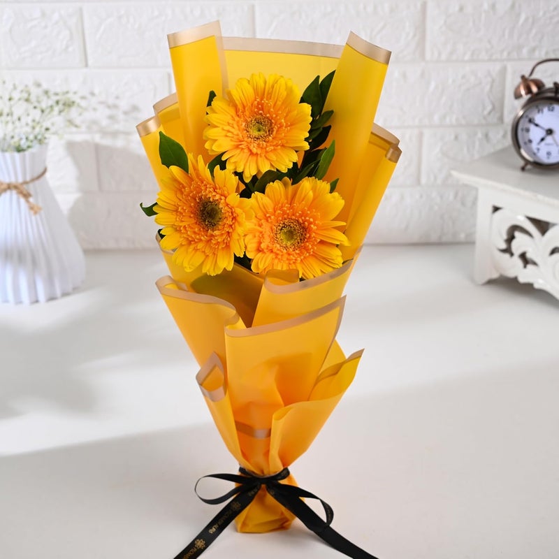 FlowerAura Fresh Live Flower Bouquet of 3 Yellow Gerberas Flowers For Birthday Gift Anniversary Gift Wedding Gift Valentines Day Gift Gift For Special Occasion Same Day Delivery - Image 4