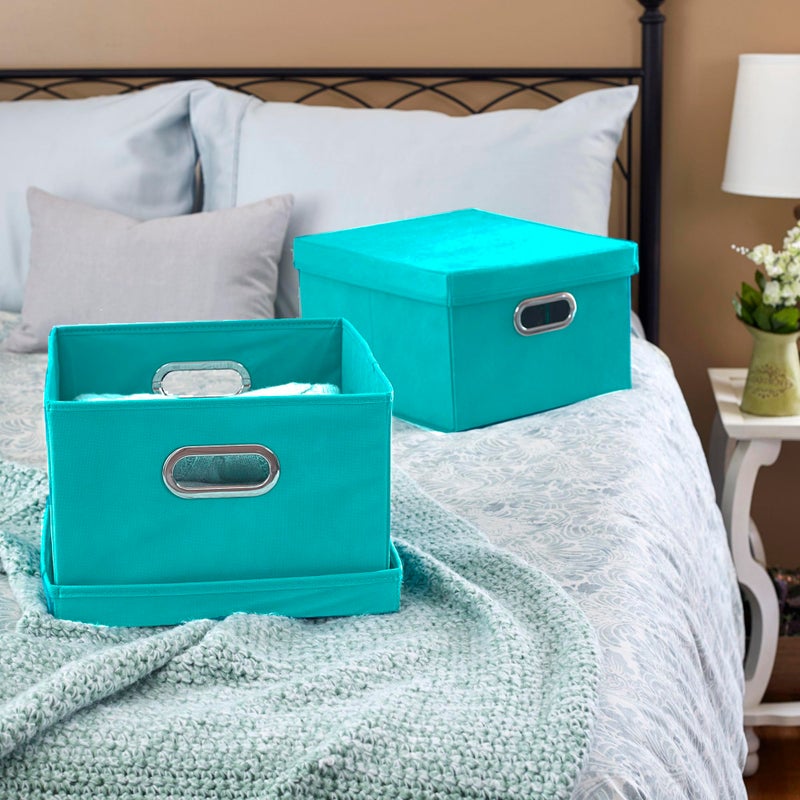Household Essentials Fabric Storage Boxes with Lids and Handles, Aqua - Image 2