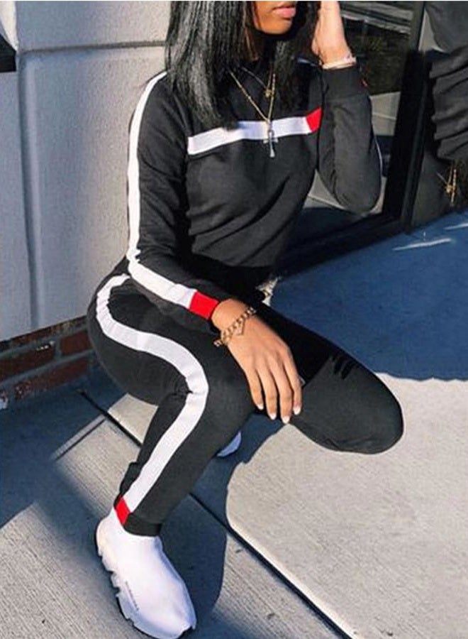 Kansoon Stripe Patchwork Long Sleeve Sweatshirt Tops and Long Pants Two Piece Tracksuit for Junior Black M - Image 2