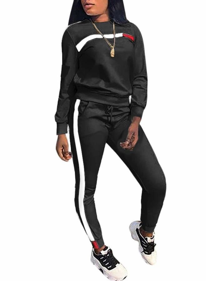 Kansoon Stripe Patchwork Long Sleeve Sweatshirt Tops and Long Pants Two Piece Tracksuit for Junior Black M - Image 1