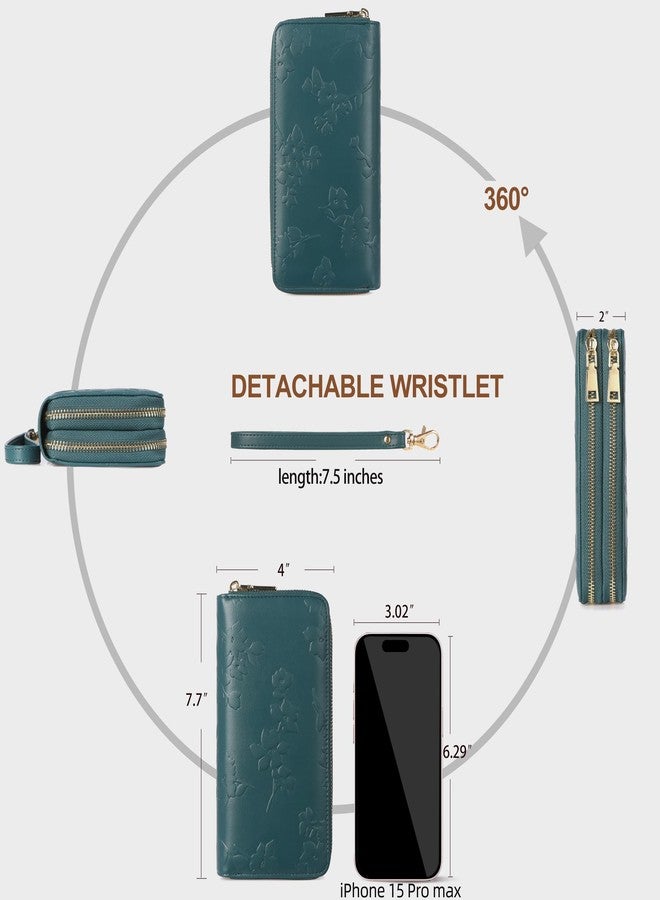 yiijay Womens Wallet RFID Blocking Large Capacity Leather Double Zip Wristlet Wallet Credit Card Phone Holder Ladies Clutch, Dark Green - Image 4