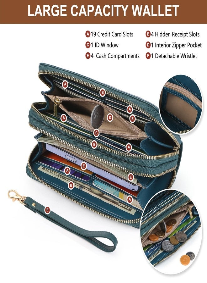 yiijay Womens Wallet RFID Blocking Large Capacity Leather Double Zip Wristlet Wallet Credit Card Phone Holder Ladies Clutch, Dark Green - Image 2