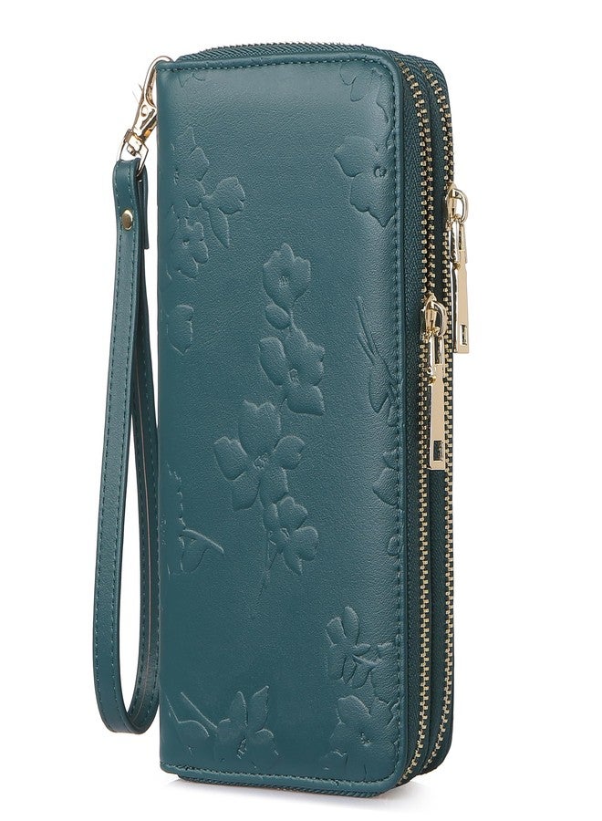 yiijay Womens Wallet RFID Blocking Large Capacity Leather Double Zip Wristlet Wallet Credit Card Phone Holder Ladies Clutch, Dark Green - Image 1