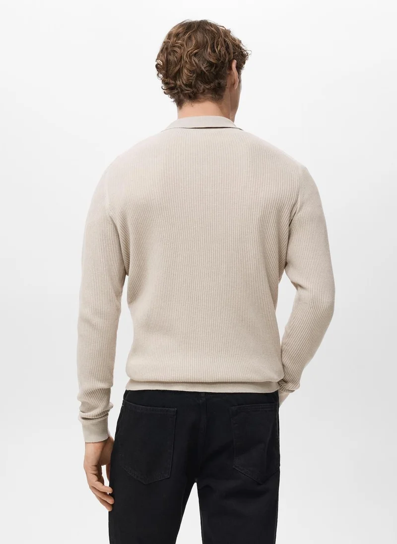 Mango Man Cotton-blend ribbed polo sweater
