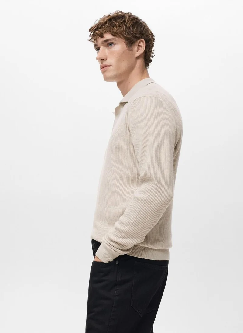 Mango Man Cotton-blend ribbed polo sweater