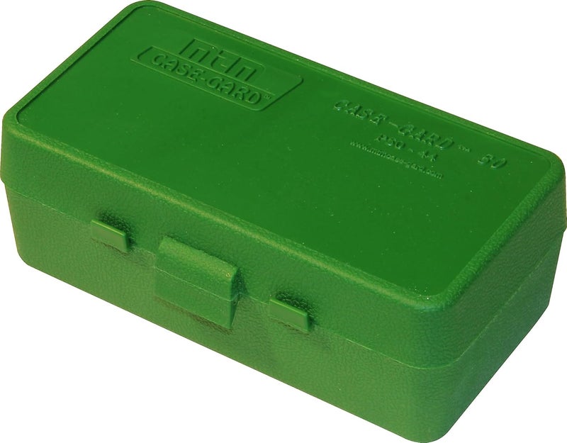 MTM 50 Round Flip-Top Ammo Box 41/44 Cal, 5.52"L x 3.24"W x 1.98"H , (Clear Green) - Image 1