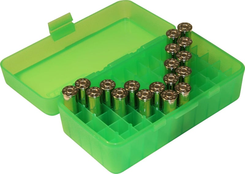 MTM 50 Round Flip-Top Ammo Box 41/44 Cal, 5.52"L x 3.24"W x 1.98"H , (Clear Green) - Image 2