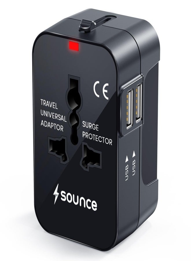 Sounce WorldMate Universal Travel Adapter with Dual USB Outlets, Global Plug Support, Fast Charging System, Safety Fuse and Compact Lightweight Body for Reliable International World Travel Use(Black) - Image 1