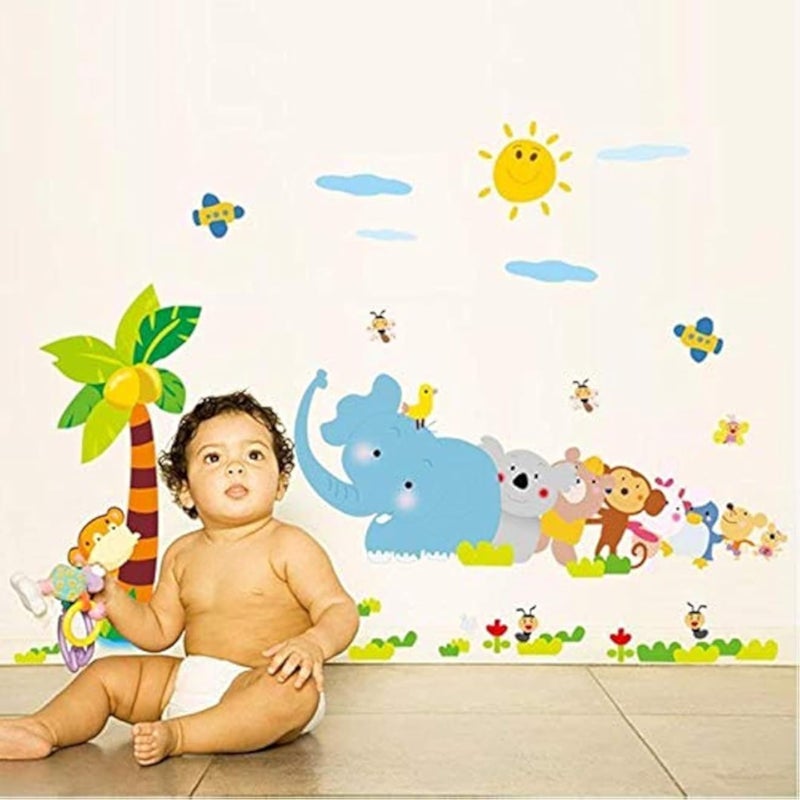 Cartoon Elephant Tug Of War Wall Sticker Vinyl Wall Stickers For kids Rooms Living Room Nursery Decorations Stickers Nursery Classroom Decoration Decals PVC Children