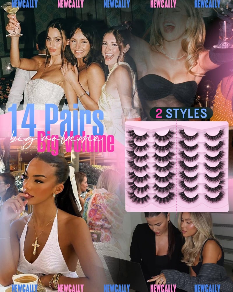 Newcally False Eyelashes Thick Volume Wispy Faux Mink Lashes 8D Volume Long Cat Eye Lashes Dramatic 18MM 2 Styles Mixed Fake Lashes 14 Pairs Pack - Image 2