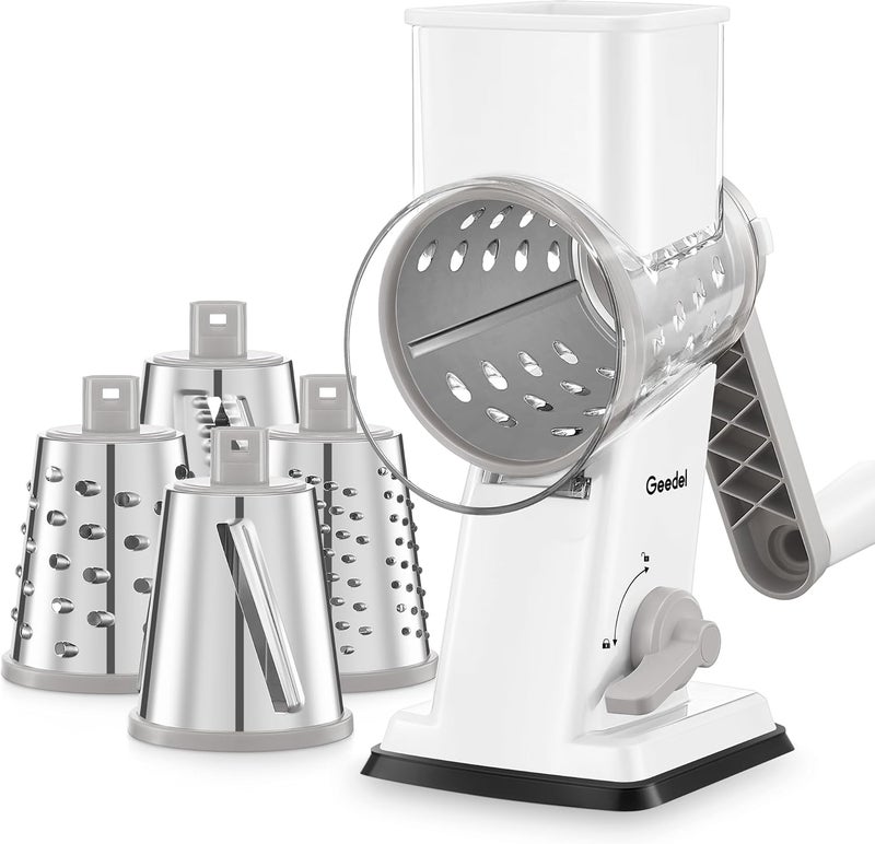 Geedel Rotary Cheese Grater - Upgraded Vegetable Shredder with 4 Interchangeable Blades, Easy to Clean Cheese Shredder with Handle, Kitchen Grater Nuts Grinder for Cutting Cheese, Vegetable, Nuts - Image 1