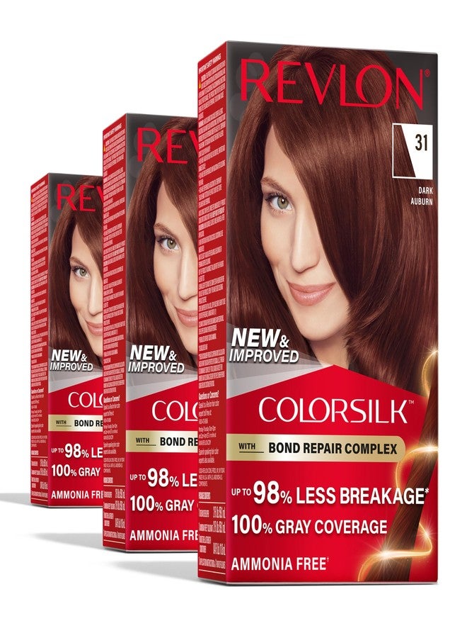 Revlon ColorSilk with Bond Repair Complex, Auburn Permanent Hair Color, 100% Gray Coverage, Ammonia Free Hair Dye, Vegan Keratin, 31 Dark Auburn (Pack of 3) - Image 1