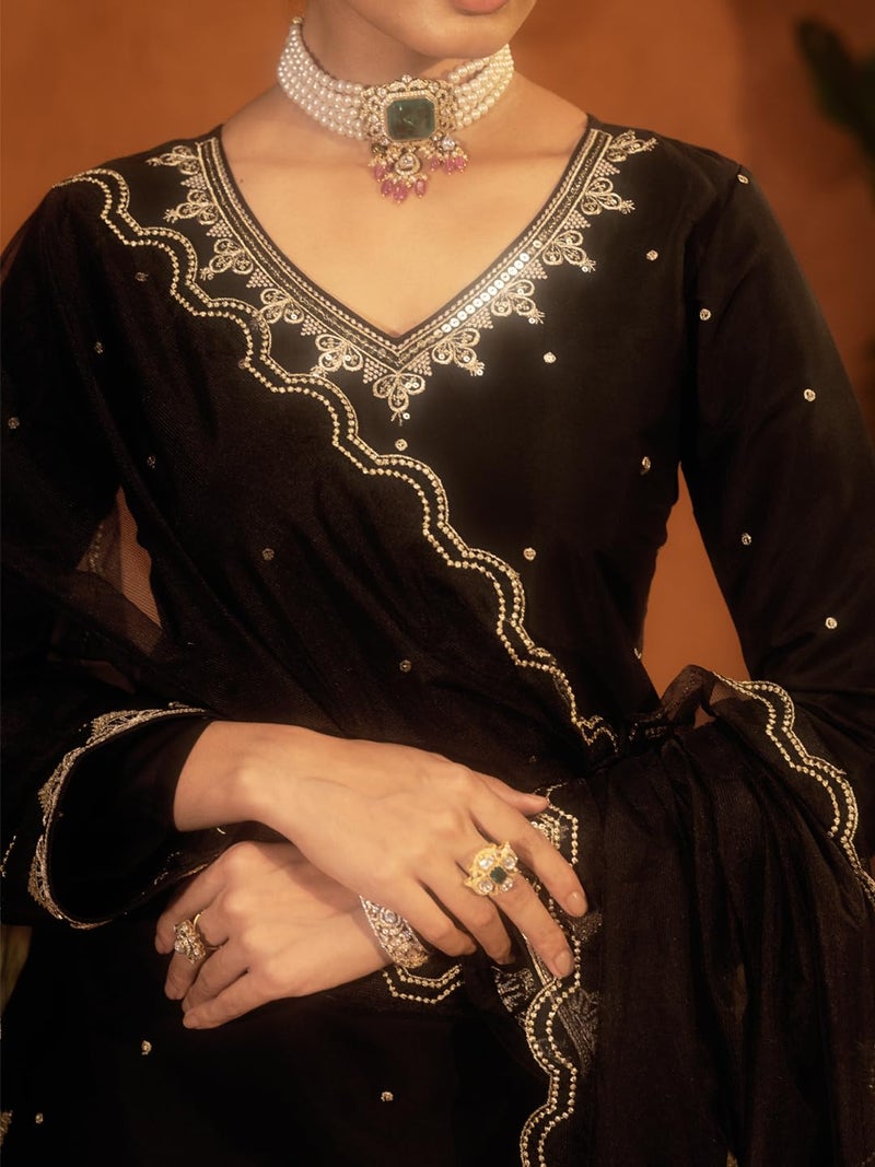 FIORRA Women’s Black Viscose Chanderi Embroidered Ethnic A-line Kurta Set with Dupatta SET0234 - Image 5