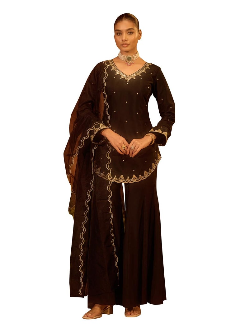 FIORRA Women’s Black Viscose Chanderi Embroidered Ethnic A-line Kurta Set with Dupatta SET0234 - Image 1
