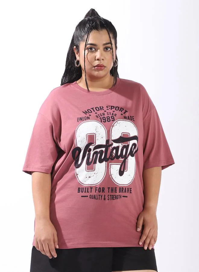 HIGH STAR Women's Rust 100% Cotton Printed Plus Size Oversized T-Shirt