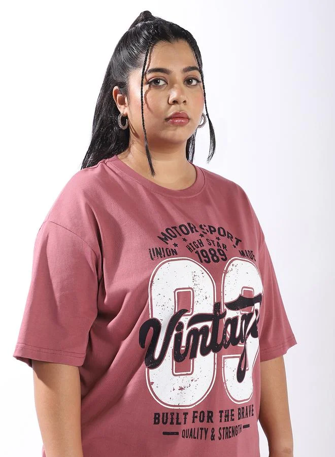 HIGH STAR Women's Rust 100% Cotton Printed Plus Size Oversized T-Shirt