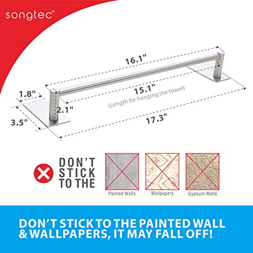Songtec Bathroom Towel Bar 16-inch, No Drill Stick On Towel Rack, Easy Install with Self-Adhesive, Premium SUS304 Stainless Steel - Brushed Nickle - Image 4