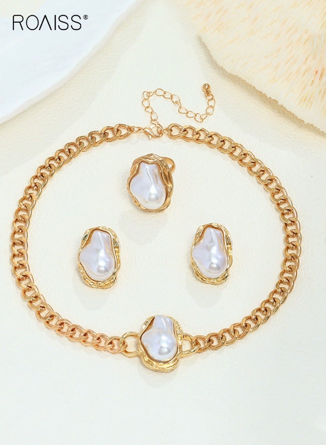 رويس مجموعة لؤلؤ خاصة للسيدات مكونة من 4 قطع، قلادة وأقراط وخاتم وسوار، بتصميم كلاسيكي أنيق لحفلات الزفاف - Image 4