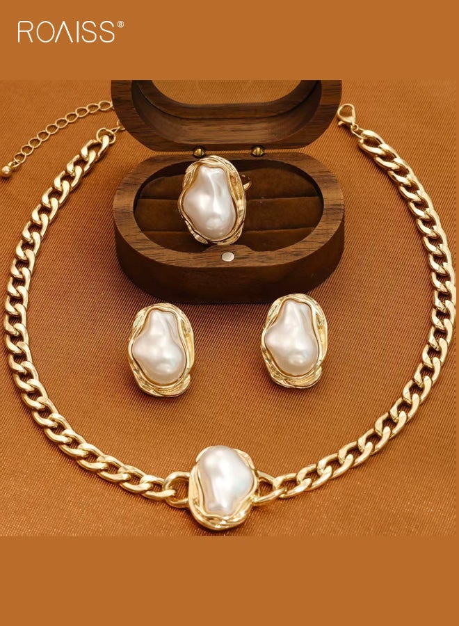 رويس مجموعة لؤلؤ خاصة للسيدات مكونة من 4 قطع، قلادة وأقراط وخاتم وسوار، بتصميم كلاسيكي أنيق لحفلات الزفاف - Image 5