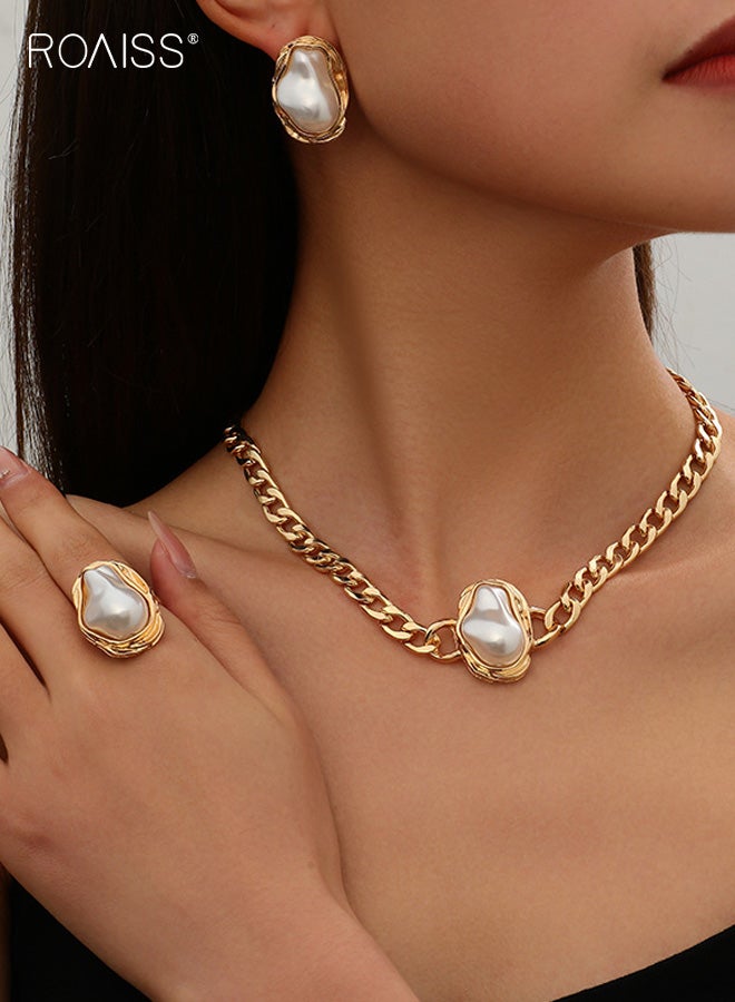 رويس مجموعة لؤلؤ خاصة للسيدات مكونة من 4 قطع، قلادة وأقراط وخاتم وسوار، بتصميم كلاسيكي أنيق لحفلات الزفاف - Image 3