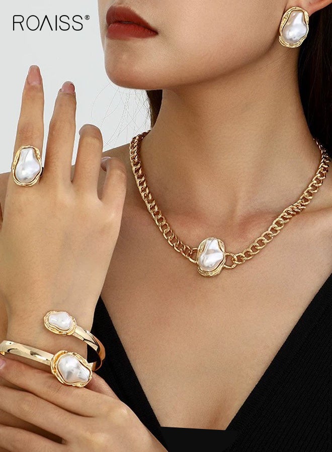 رويس مجموعة لؤلؤ خاصة للسيدات مكونة من 4 قطع، قلادة وأقراط وخاتم وسوار، بتصميم كلاسيكي أنيق لحفلات الزفاف - Image 1