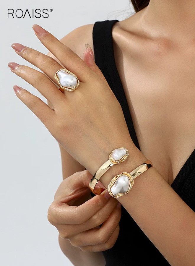 رويس مجموعة لؤلؤ خاصة للسيدات مكونة من 4 قطع، قلادة وأقراط وخاتم وسوار، بتصميم كلاسيكي أنيق لحفلات الزفاف - Image 2