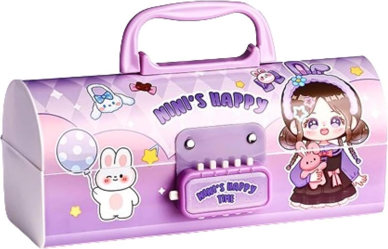 Invite Enterprise Plastic Multilayer Password Lock Pencil Box - Large Capacity Cartoon Print Pen Case for Girls & Boys | Stylish School Stationery Organizer for Kids (Nini-Purple Color) - Image 1
