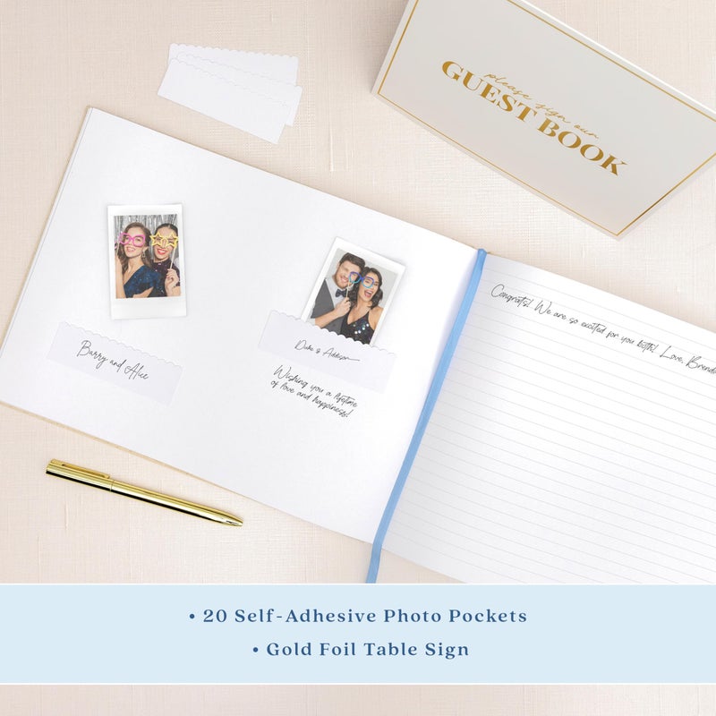 ELYN Linen Guest Book, Sign in Book for Wedding Reception, Birthday, Baby Shower & Events, Matching Gold Gel Pen, Photo Pockets & Table Sign, 80 Pages (Blank & Lined), Large, 11.5 in x 8.5 in (White) - Image 3