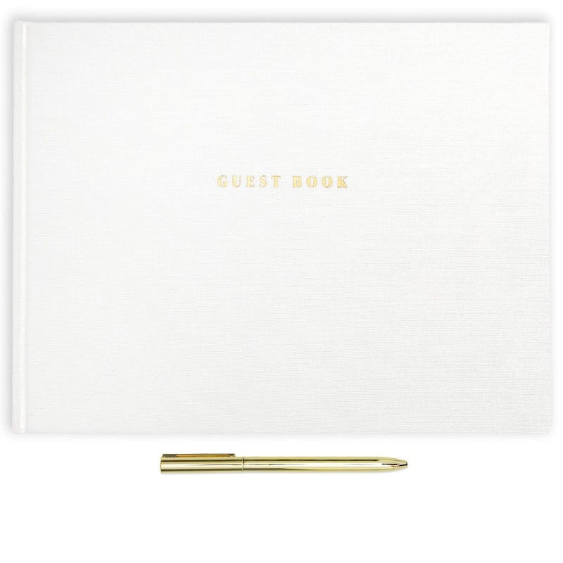 ELYN Linen Guest Book, Sign in Book for Wedding Reception, Birthday, Baby Shower & Events, Matching Gold Gel Pen, Photo Pockets & Table Sign, 80 Pages (Blank & Lined), Large, 11.5 in x 8.5 in (White) - Image 1