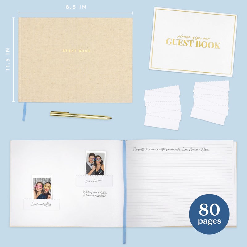 ELYN Linen Guest Book, Sign in Book for Wedding Reception, Birthday, Baby Shower & Events, Matching Gold Gel Pen, Photo Pockets & Table Sign, 80 Pages (Blank & Lined), Large, 11.5 in x 8.5 in (White) - Image 2