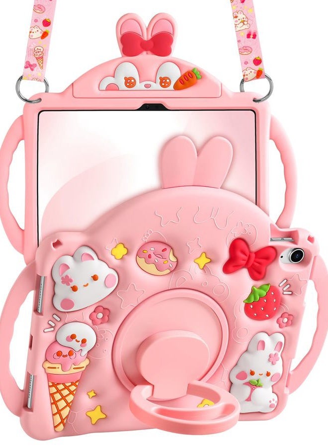 Wazzasoft for iPad A16 Case(11th) 11 inch 2025/10th Generation 10.9 inch 2022 - Kids Girls Cute Girly Protective Silicone Rabbit Tablet Cover with Shoulder Strap & Rotating Kickstand & Handle - Image 1