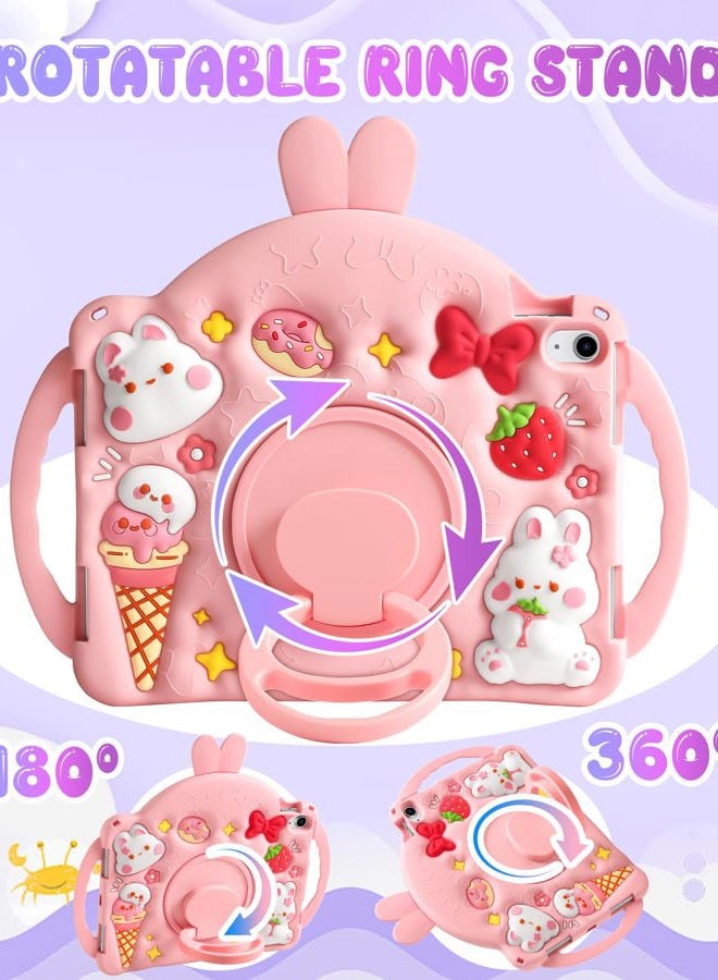 Wazzasoft for iPad A16 Case(11th) 11 inch 2025/10th Generation 10.9 inch 2022 - Kids Girls Cute Girly Protective Silicone Rabbit Tablet Cover with Shoulder Strap & Rotating Kickstand & Handle - Image 3