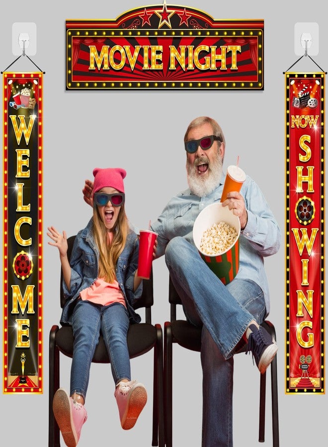 Funnymoom مجموعة من 3 قطع من لافتات الشرفة لليلة الفيلم من Funnymoom، لافتة معلقة لحفلة بموضوع الفيلم، لافتة "نرحب بك الآن" لتزيين الباب لخلفية التصوير المسرحي، لوازم الحفلات - Image 5