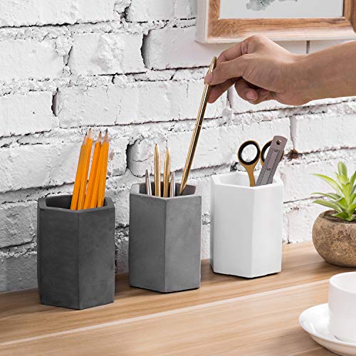MyGift Set of 3 Cement Decorative Hexagon Multi-Colored Desktop Pen Holder and Pencil Office Supply Stationary Storage Cups (White, Gray, Black) - Image 2