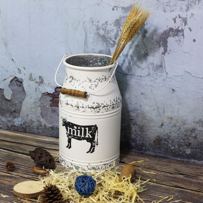 FARMHOUSE FRENCH COUNTRY VINTAGE STYLE VASE WHITE SHABBY CHIC METAL RUSTIC FLOWER VASES MILK CAN JUG PITCHER WITH HANDLES FOR WEDDING GARDEN HOME OFFICE CAFE DECOR 11 INCHES