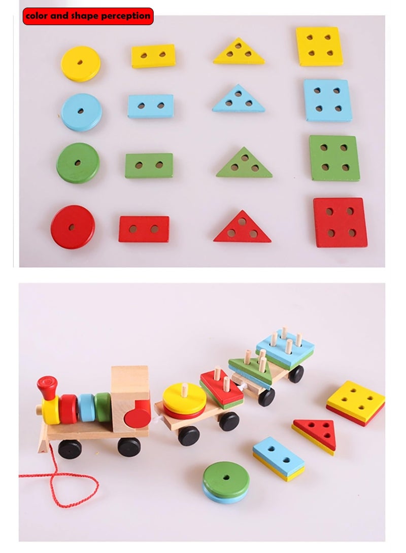 Parent-child Toys Assembled Trains Wooden Colorful Train Models Geometric Trains Safe and Portable Preschoolers Baby Skills Development Intelligence Montessori Teaching Aids and Wooden Toys  - Image 4