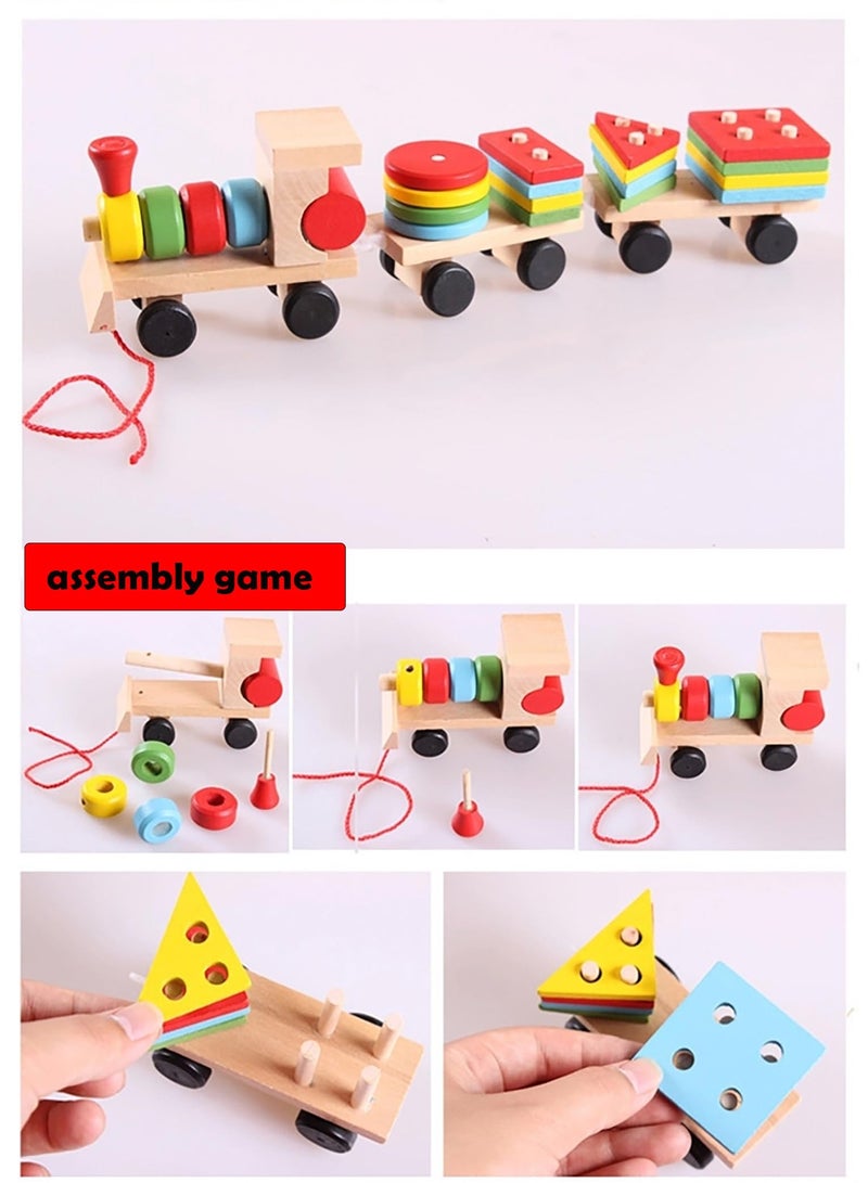 Parent-child Toys Assembled Trains Wooden Colorful Train Models Geometric Trains Safe and Portable Preschoolers Baby Skills Development Intelligence Montessori Teaching Aids and Wooden Toys  - Image 3