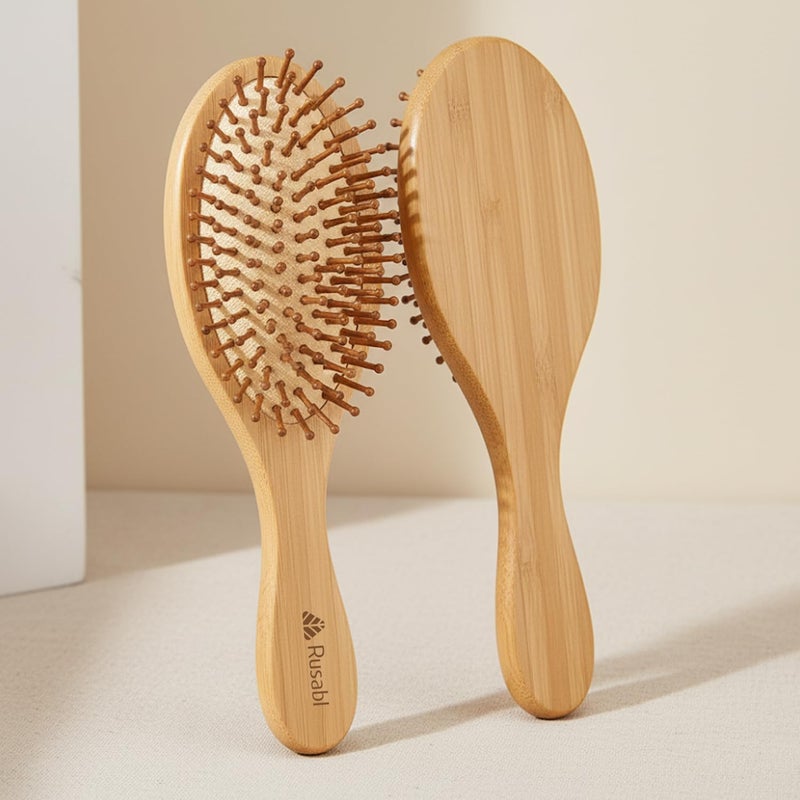 Rusabl Bamboo Hair Brush with Wooden Bristles for Gentle Detangling, Scalp Massage, Smooth Styling, 100% Natural, Anti-Static Paddle Brush for All Hair Types, Organic Hair Growth Brush for All, Oval - Image 1