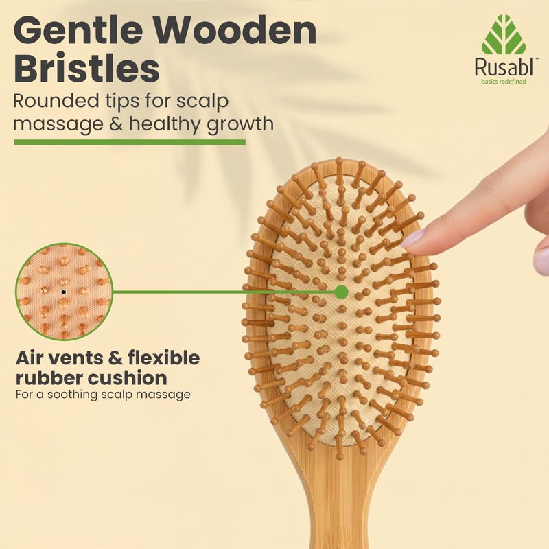 Rusabl Bamboo Hair Brush with Wooden Bristles for Gentle Detangling, Scalp Massage, Smooth Styling, 100% Natural, Anti-Static Paddle Brush for All Hair Types, Organic Hair Growth Brush for All, Oval - Image 3