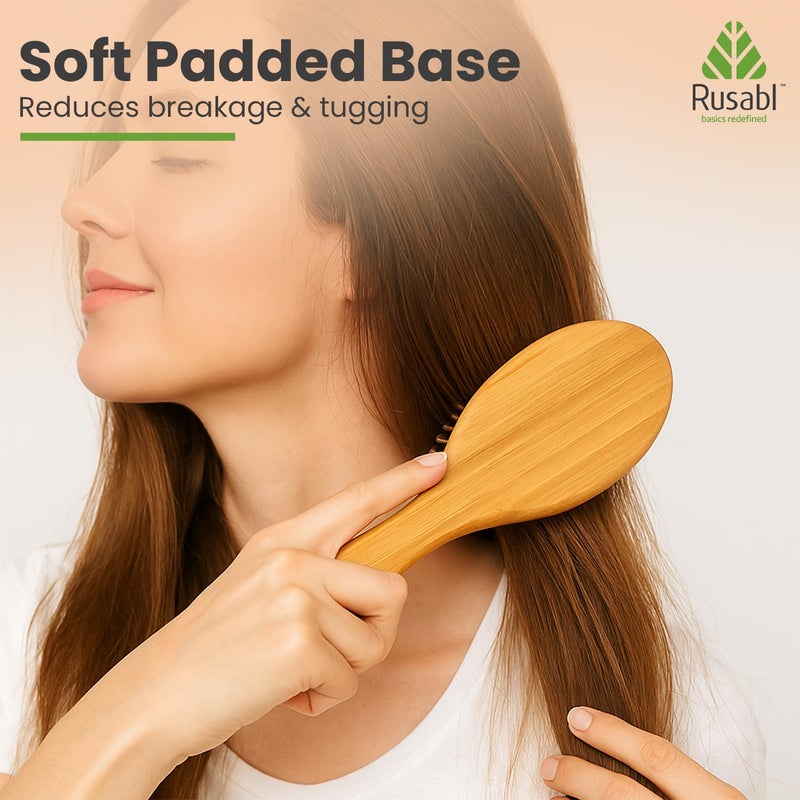 Rusabl Bamboo Hair Brush with Wooden Bristles for Gentle Detangling, Scalp Massage, Smooth Styling, 100% Natural, Anti-Static Paddle Brush for All Hair Types, Organic Hair Growth Brush for All, Oval - Image 5