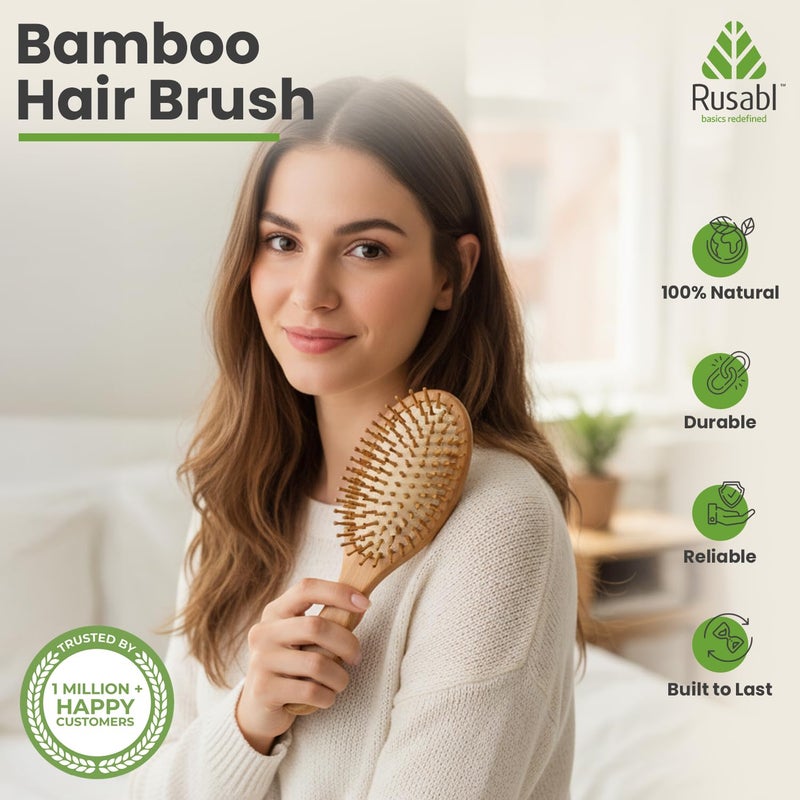 Rusabl Bamboo Hair Brush with Wooden Bristles for Gentle Detangling, Scalp Massage, Smooth Styling, 100% Natural, Anti-Static Paddle Brush for All Hair Types, Organic Hair Growth Brush for All, Oval - Image 2