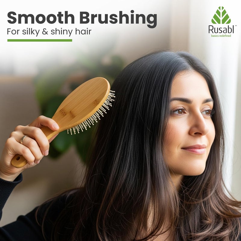 Rusabl Bamboo Hair Brush with Wooden Bristles for Gentle Detangling, Scalp Massage, Smooth Styling, 100% Natural, Anti-Static Paddle Brush for All Hair Types, Organic Hair Growth Brush for All, Oval - Image 4