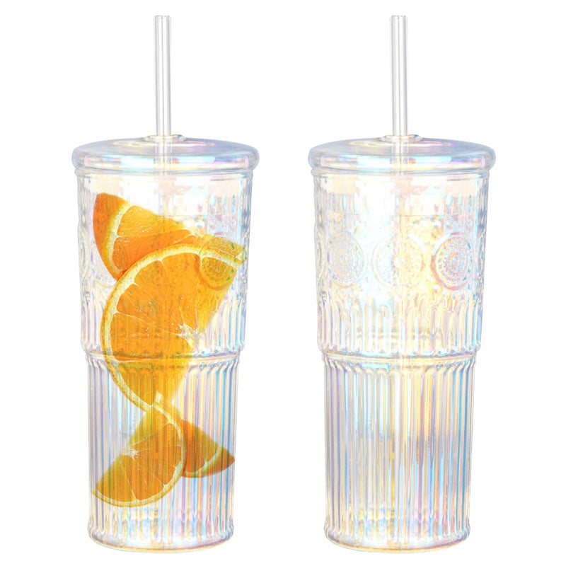 Bandesun All Glass Iced Coffee Cup With Lids and Straws24 OZ Rainbow High Borosilicate Glass Tumbler for Water Smoothie Juice Drinks