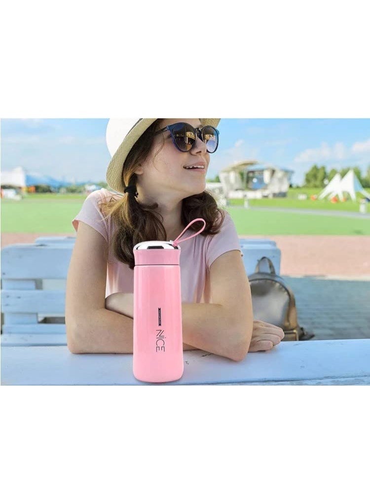 NICE Portable Glass Flask – 400ml Leak-proof Water Bottle, Stylish Travel Flask for Hot & Cold Beverages, Durable & Eco-friendly Design, Pink - Image 3