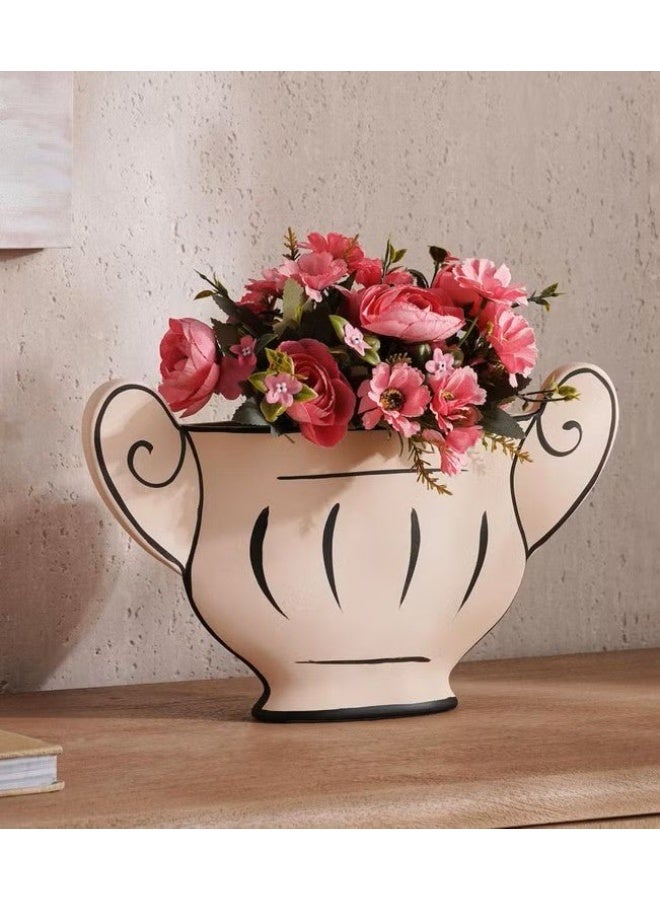 AKDC Classic Urn Style Clay Flower Vase 38cm*6.5cm*22.5cm, Beige and Black - Image 1
