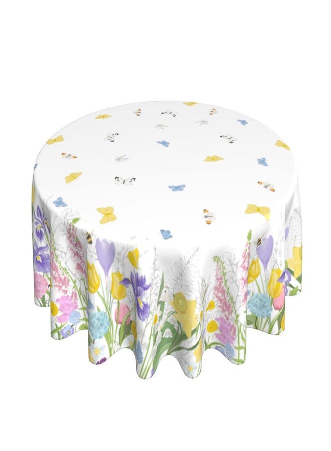 Aiojool Spring Flower Butterfly Tablecloth Ttulip Flower Round Table Cloth Washable Polyester Table Cover for Dinner Kitchen Party 60 Inch - Image 1