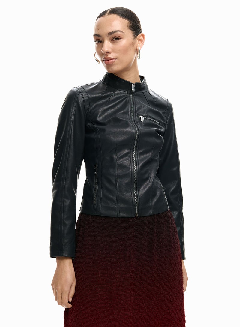 DESIGUAL Jacket In Leather-Effect, Fitted To The Body, With Mao Collar Zip Fastening - Image 1