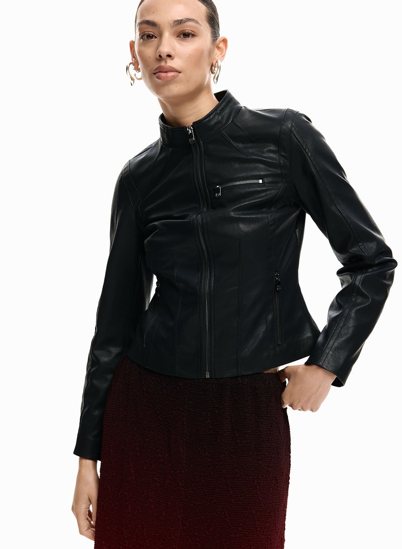 DESIGUAL Jacket In Leather-Effect, Fitted To The Body, With Mao Collar Zip Fastening - Image 3