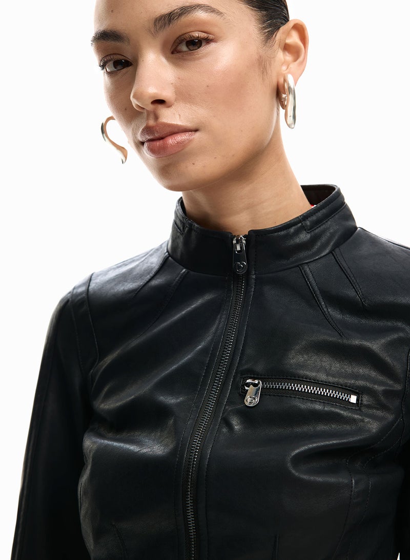 DESIGUAL Jacket In Leather-Effect, Fitted To The Body, With Mao Collar Zip Fastening - Image 4