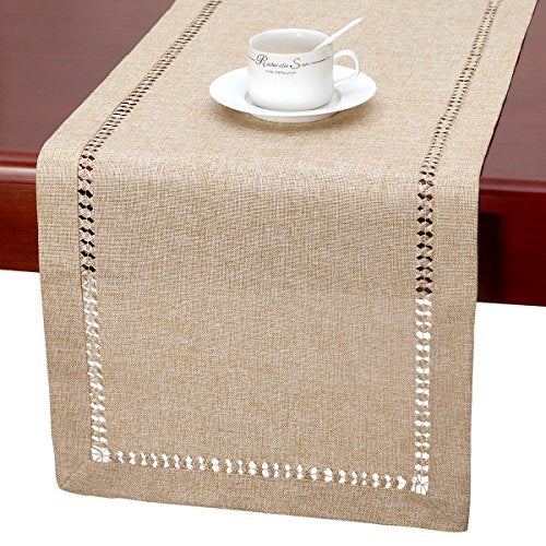 Grelucgo Handmade Hemstitch Beige Table Runner Or Dresser Scarf, Rectangular 14 by 60 Inch - Image 1
